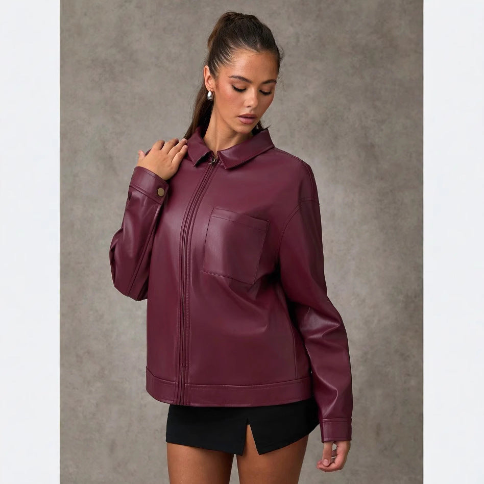Damen Kunstlederjacke mit oversized Schnitt und praktischer Brusttasche Drune