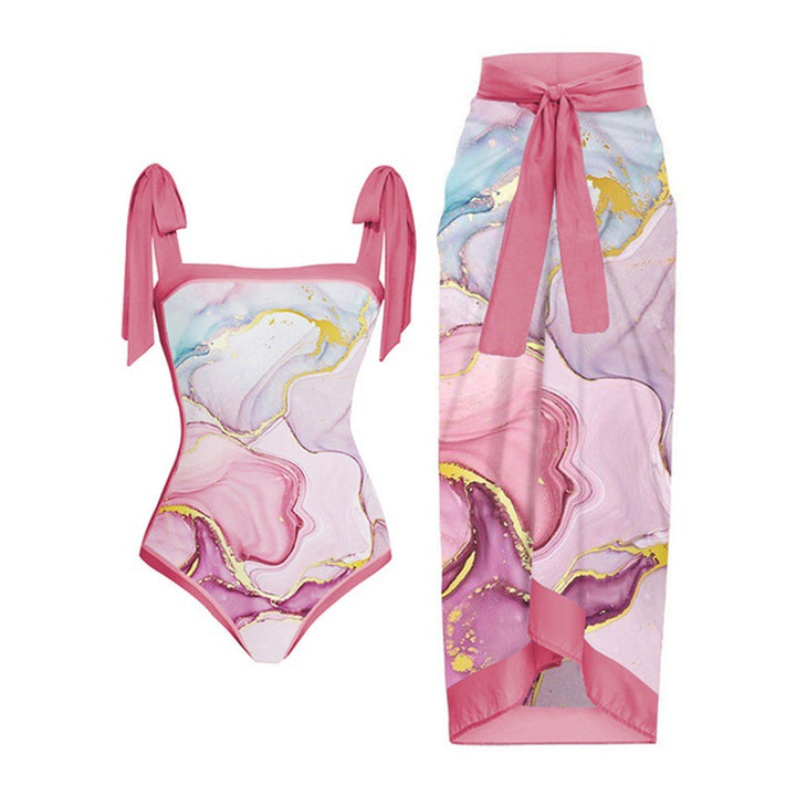 Damen Einteiler Badeanzug mit elegantem Wickelrock und modischen Riemen Drune