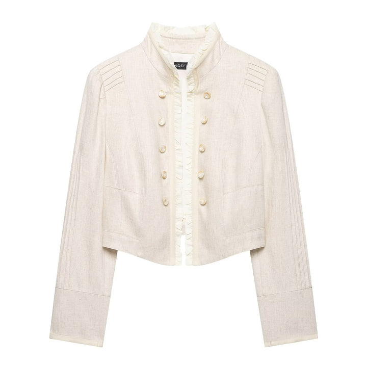 Damen Cropped Jacke mit Stehkragen, Biesenärmeln und Rüschenblende Drune