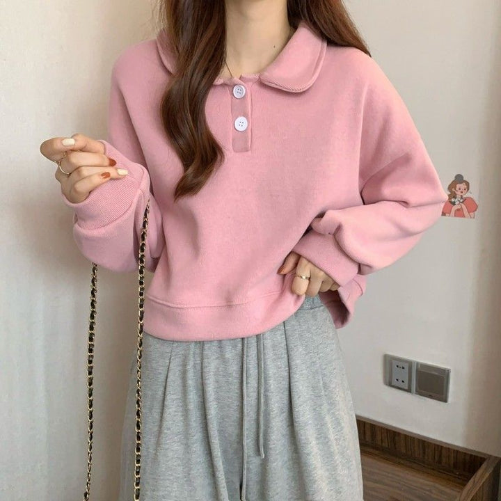Damen Kurzarm Sweatshirt mit modischem Kragen und dekorativen Knöpfen Drune