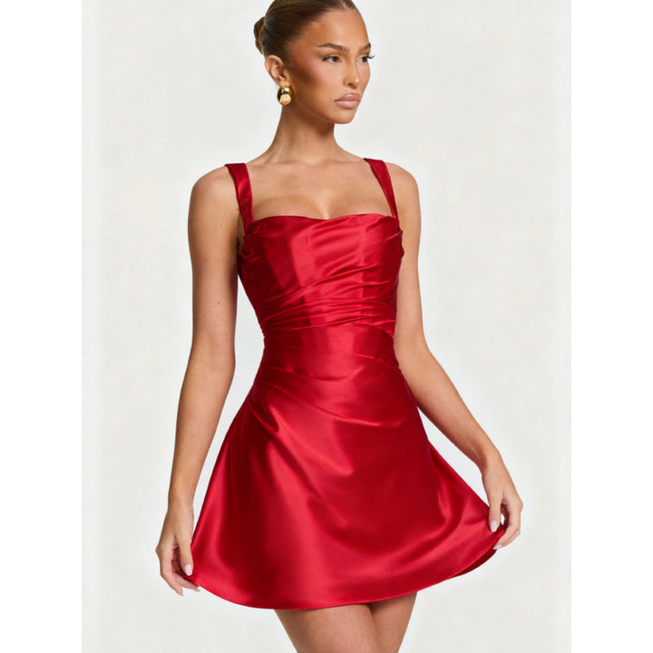 Damen Elegantes Satin-Minikleid mit breiten Schulterriemen Drune