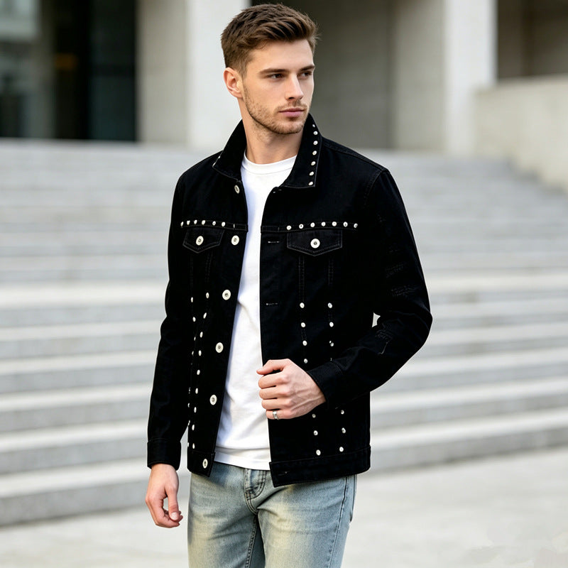 Herren Modische Jeansjacke mit Nieten Drune