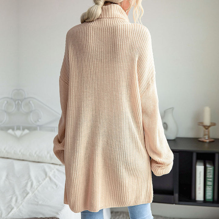 Damen Langer Rollkragen-Strickpullover als Tunika mit hohem Seitenschlitz und Oversize-Ärmeln Drune