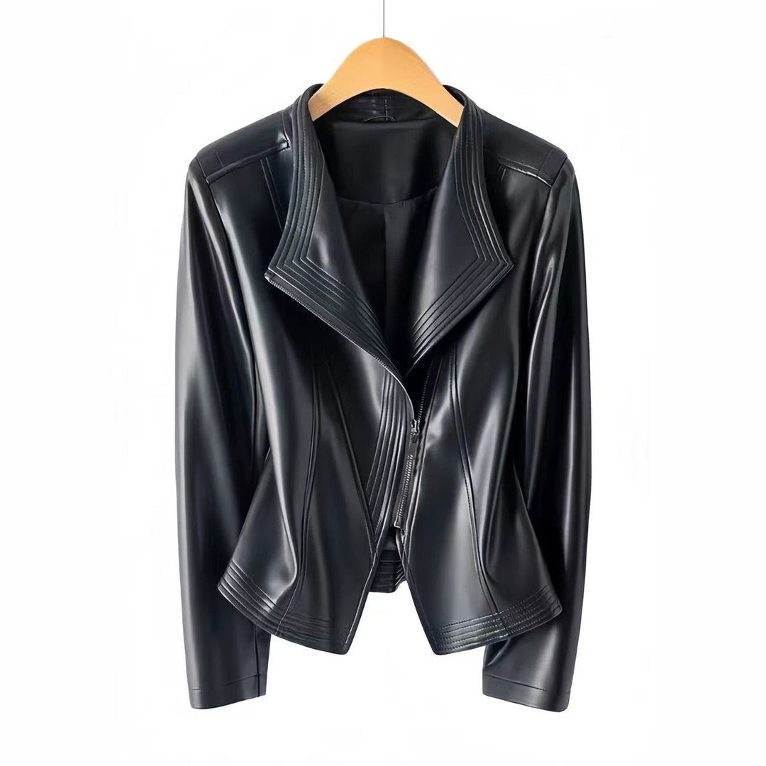 Damen Modische Kunstlederjacke mit asymmetrischem Reißverschluss Drune