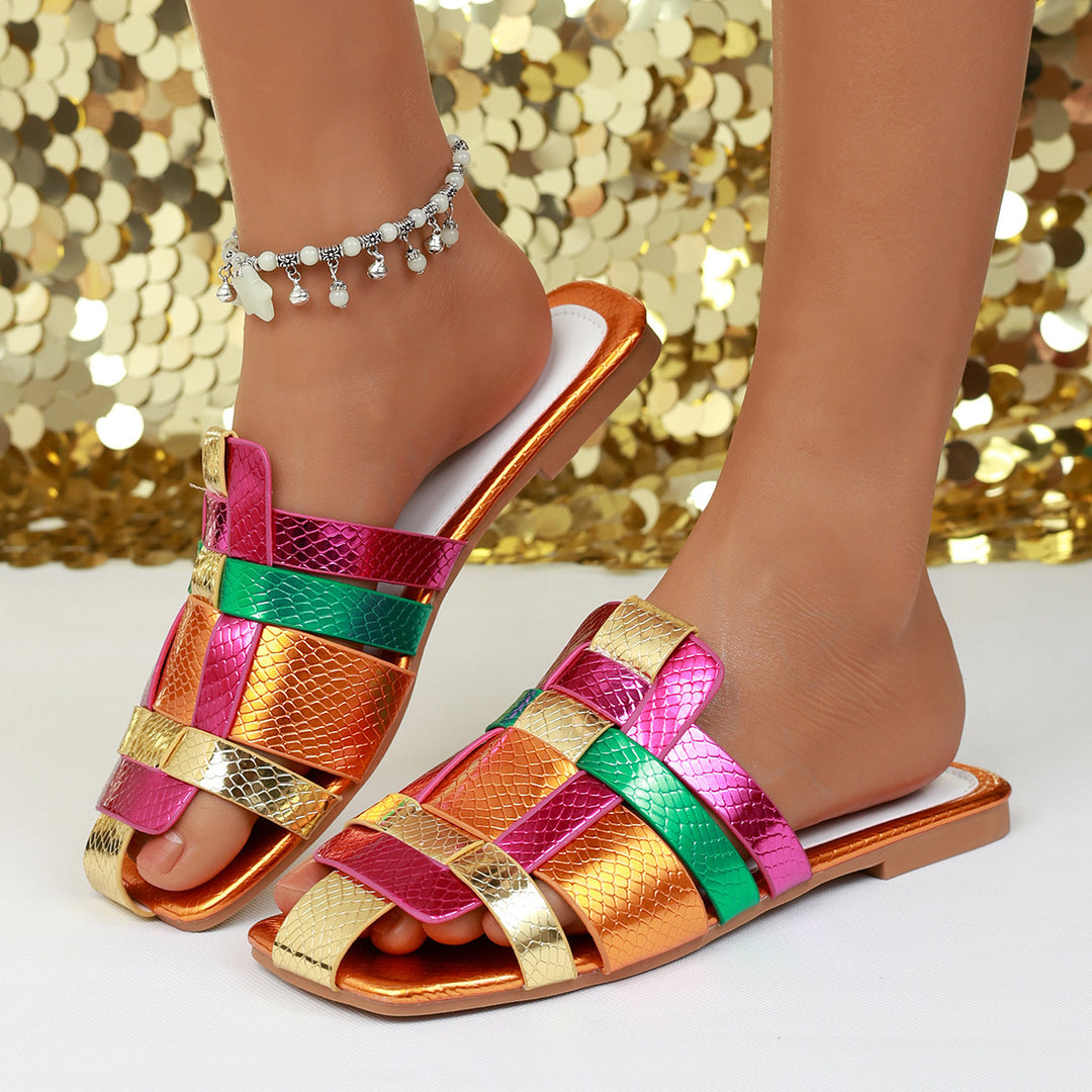 Damen nan moderne Riemen-Slipper mit geflochtenem Mehrlagen-Design und Schlangenprägung Drune