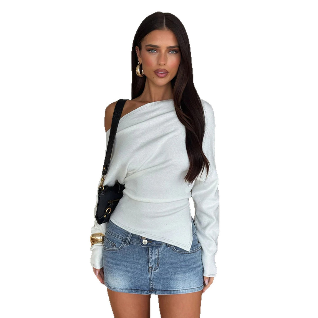 Damen nan figurnahes Stretch-Top mit weitem U-Boot-Ausschnitt und asymmetrischem Saum Drune