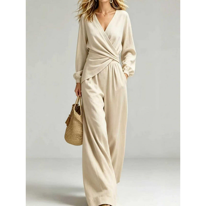 Damen Wickel-Jumpsuit mit weitem Bein und V-Ausschnitt Drune