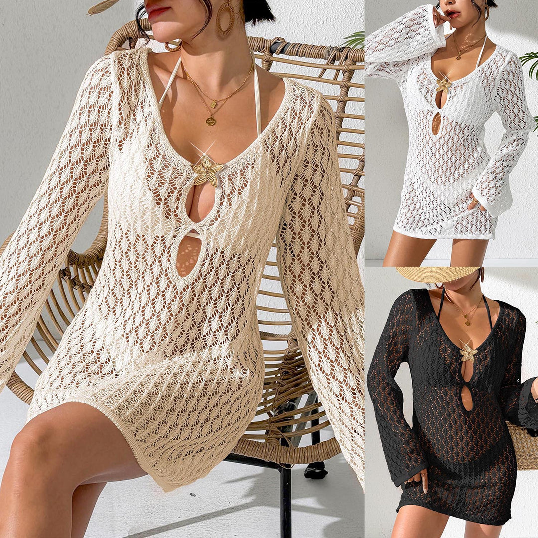 Damen gehäkelter Strandüberwurf mit stylischem V-Ausschnitt und eleganten Ärmeln Drune
