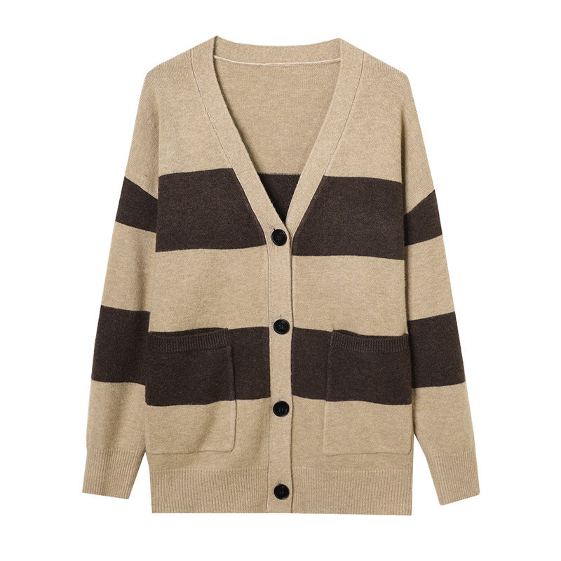 Damen lässige Strickjacke mit breiten Streifen und aufgesetzten Taschen Drune