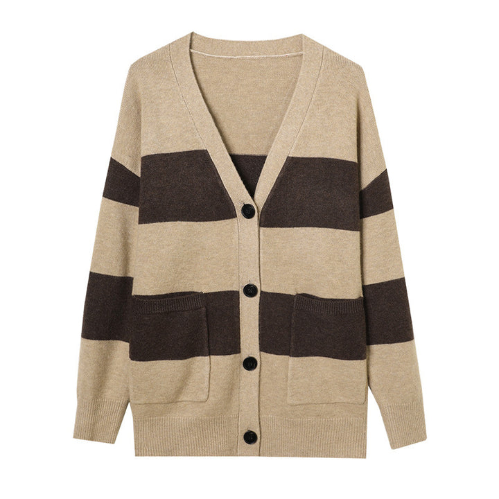 Damen lässige Strickjacke mit breiten Streifen und aufgesetzten Taschen Drune