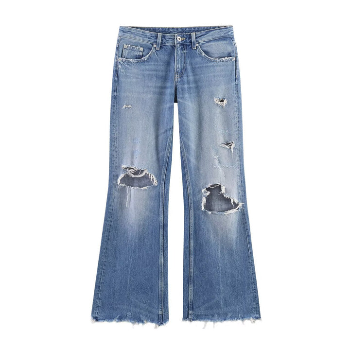 Damen High‑Waist Schlagjeans mit Destroy-Effekt und ausgefranstem Saum Drune