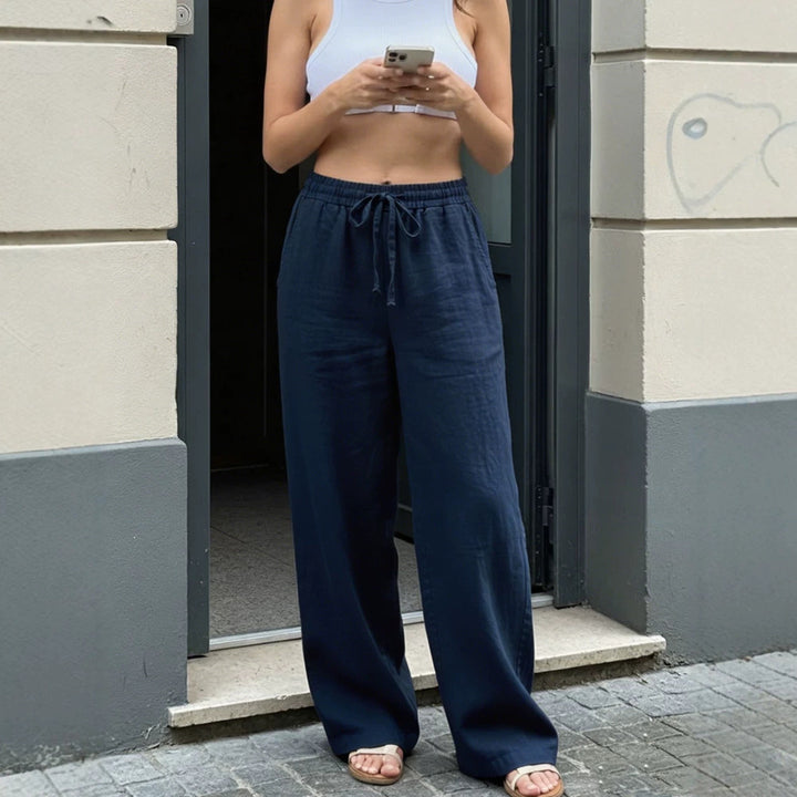 Damen Weite Leinenoptik-Hose mit Gummibund, Tunnelzug und Seitentaschen Drune