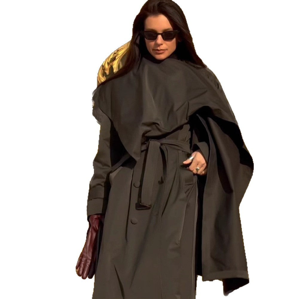 Damen Midilanger Trenchcoat mit ponchoartigem Cape-Überwurf & kastiger Silhouette Drune