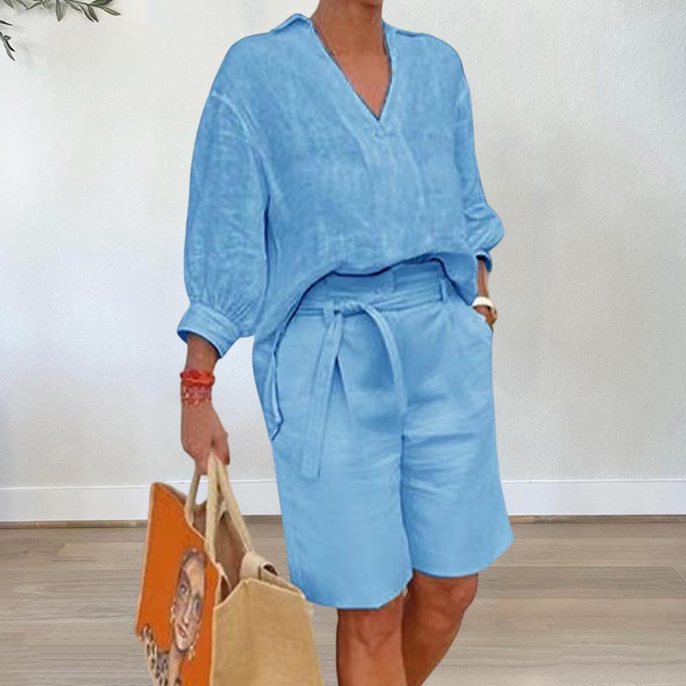 Damen lässiges Sommer-Outfit mit weitem Oberteil und Shorts Drune