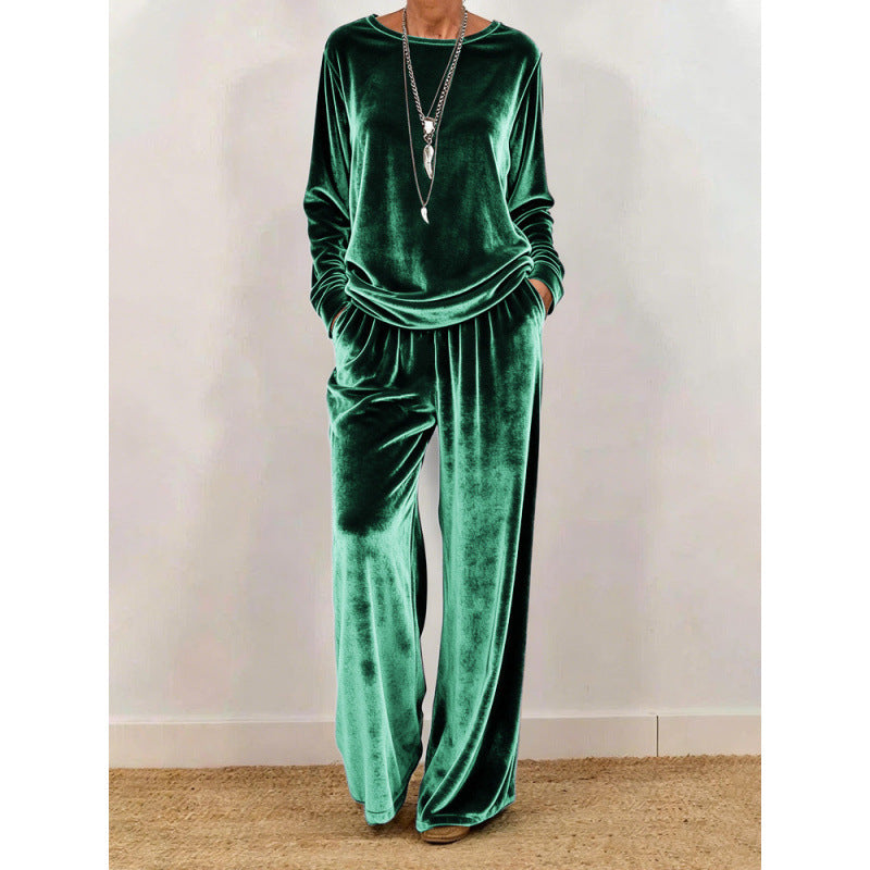 Damen Samt-Loungewear-Set mit weitem Bein, elastischem Bund und Rundhalsausschnitt Drune