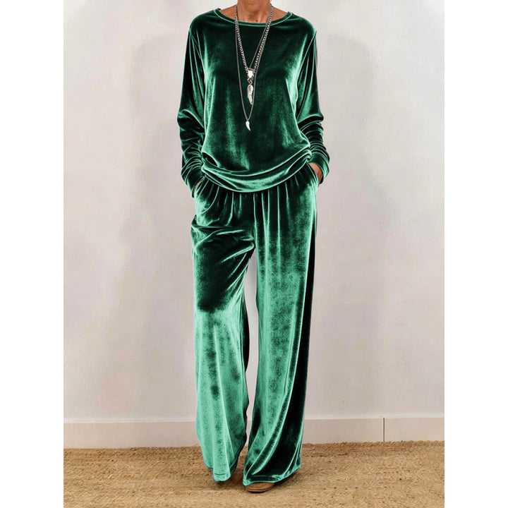 Damen Samt-Loungewear-Set mit weitem Bein, elastischem Bund und Rundhalsausschnitt Drune