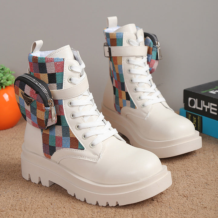 Damen modische Schnürstiefeletten mit buntem Riemendesign und praktischer Seitentasche Drune