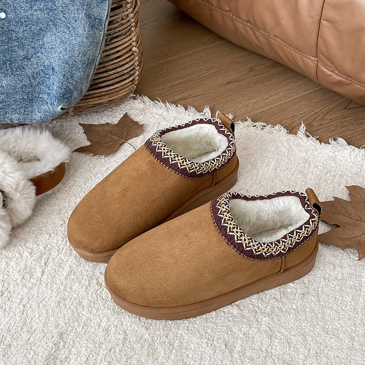 Damen Gefütterte Schlupf‑Hausschuhe im Bootie‑Stil mit Kunstfellfutter und dekorativer Zierborte Drune