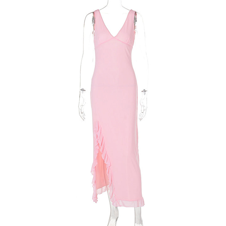 Damen Maxikleid mit tiefem Schlitz und eleganten Rüschendetails Drune