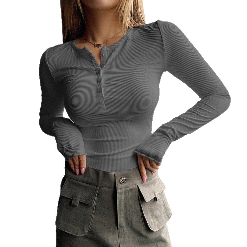Damen Figurnahe Rippstrick-Henleyshirt mit Knopfleiste und Langarm Drune