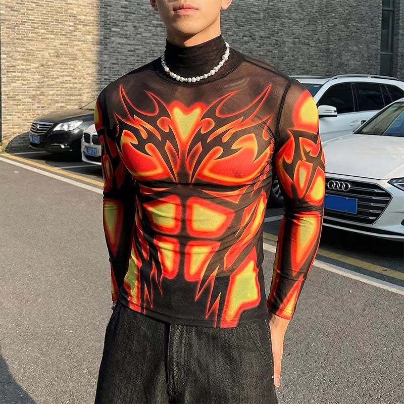 Herren Transparentes Mesh-Langarmshirt mit 3D-Muskeldruck Drune