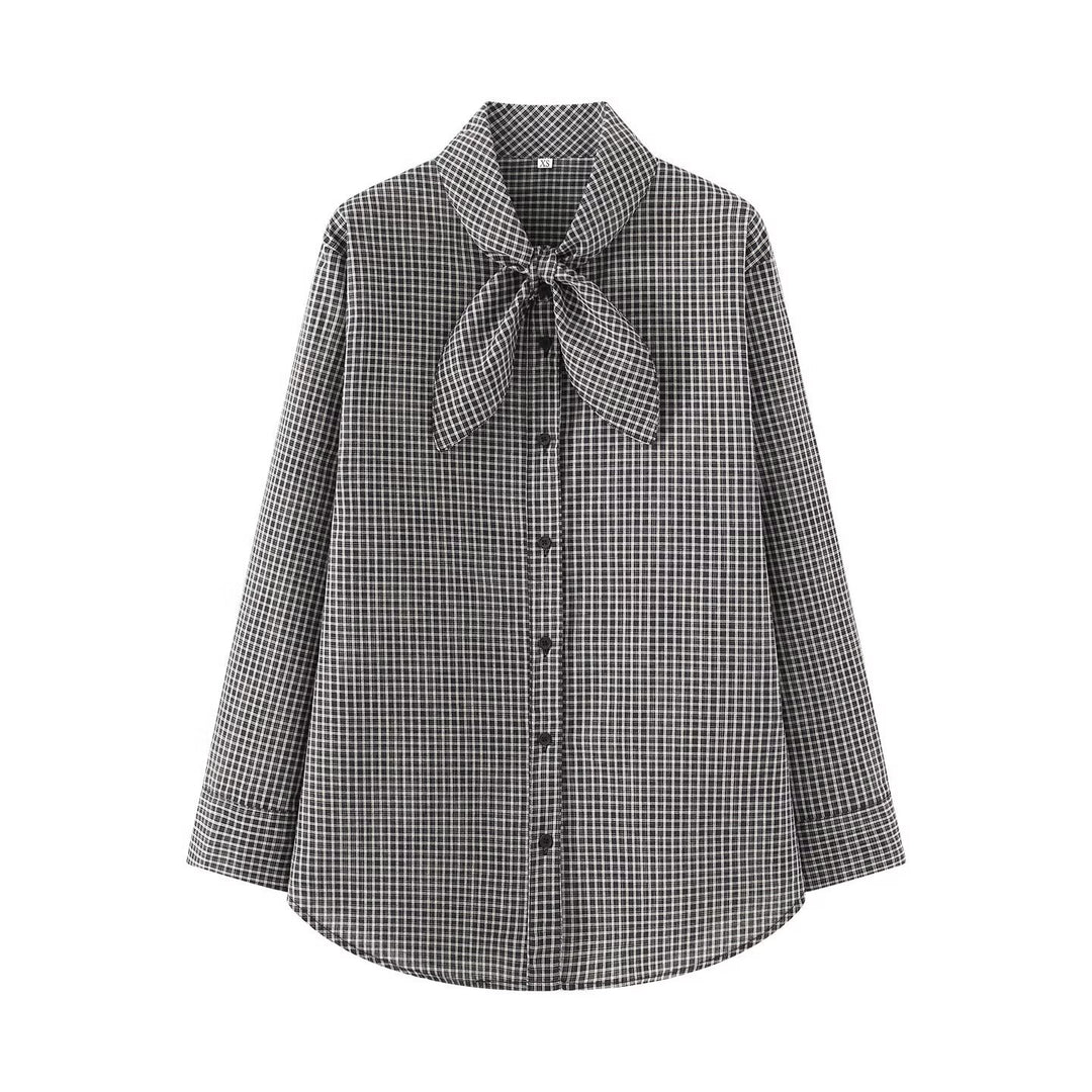 Damen Karierte Bluse mit Schleifenkragen und Oversize-Schnitt Drune