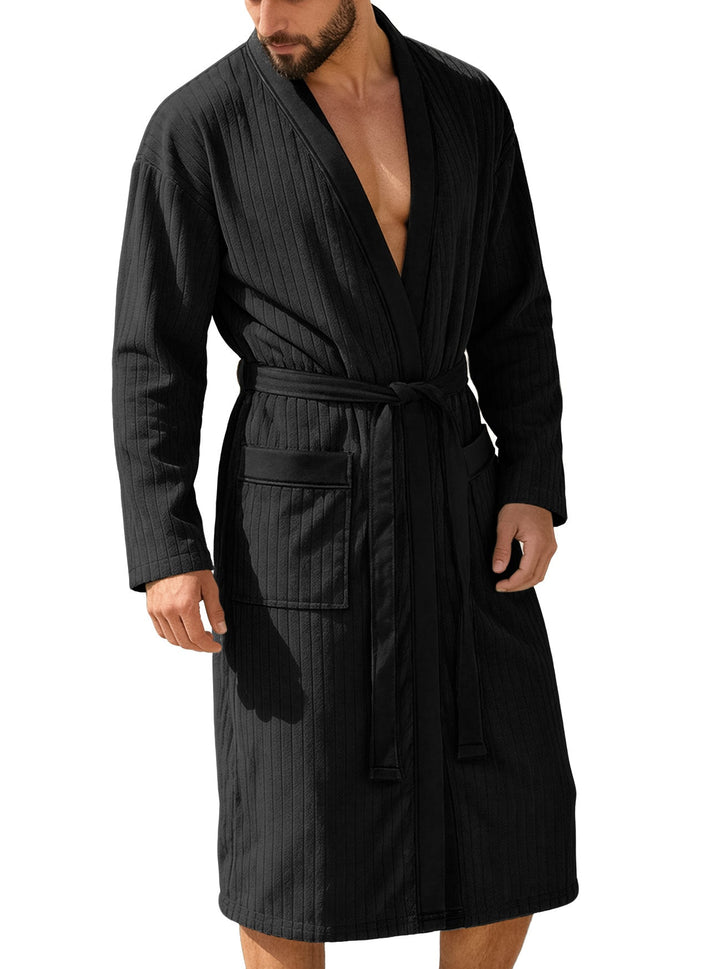 Herren nan wadenlanger Rippen-Bademantel im Kimono-Stil mit Schalkragen und Kontrastpaspel Drune
