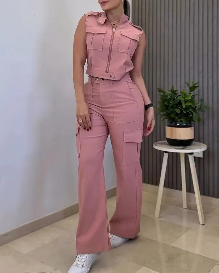 Damen Zweiteiliges Utility-Set mit High‑Waist Cargohose und Cropped‑Weste Drune