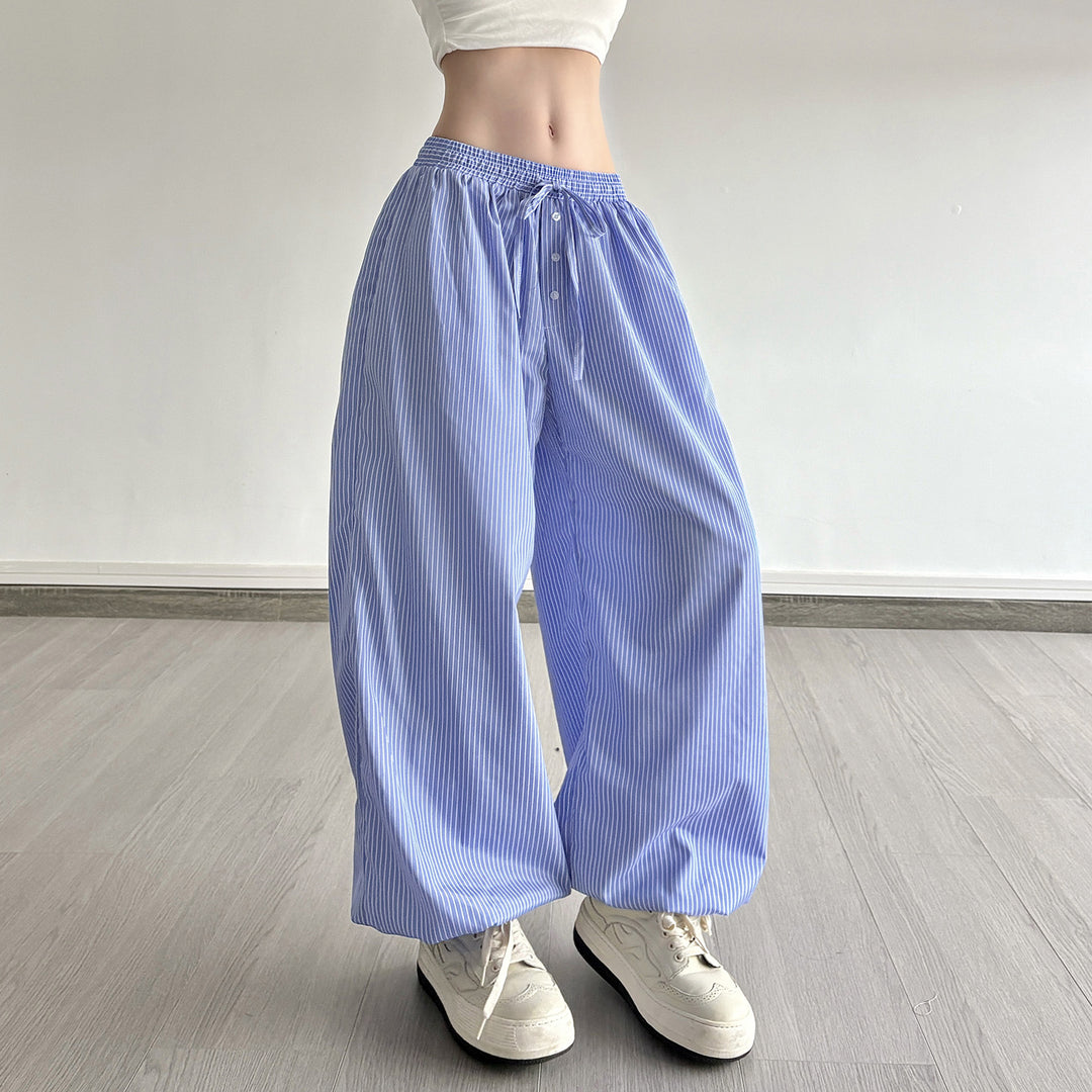 Damen Weite Lounge-Hose mit Smokbund, Tunnelzug, Knopfleiste und elastischen Fußbündchen Drune