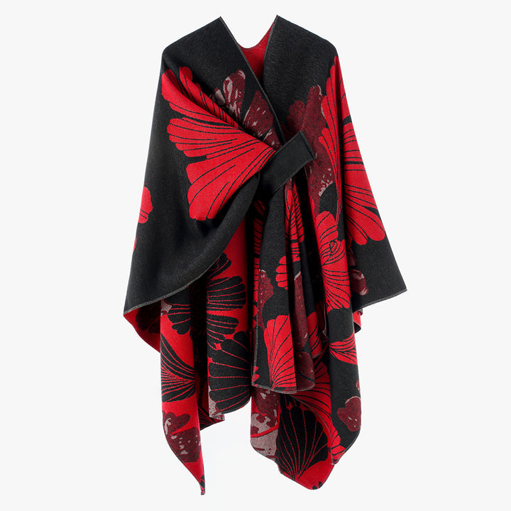 Damen Oversize-Jacquard-Cape aus Wollmix mit floralem Jacquard und Frontschlaufe Drune