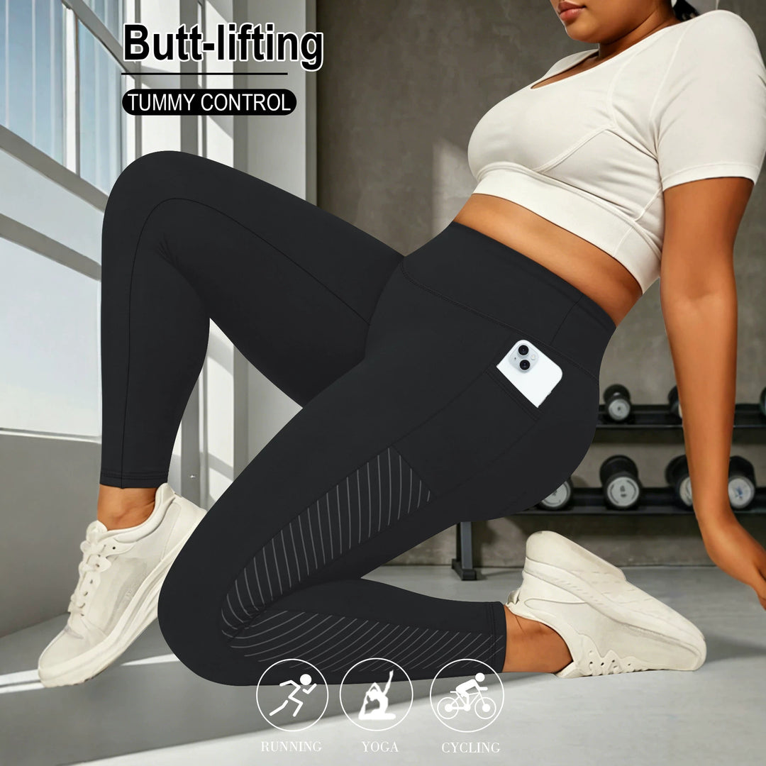 Damen High-Waist Sportleggings knöchellang mit seitlicher Handytasche und Struktur-Panel Drune