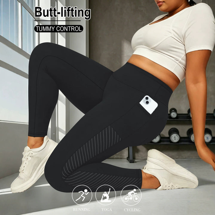 Damen High-Waist Sportleggings knöchellang mit seitlicher Handytasche und Struktur-Panel Drune