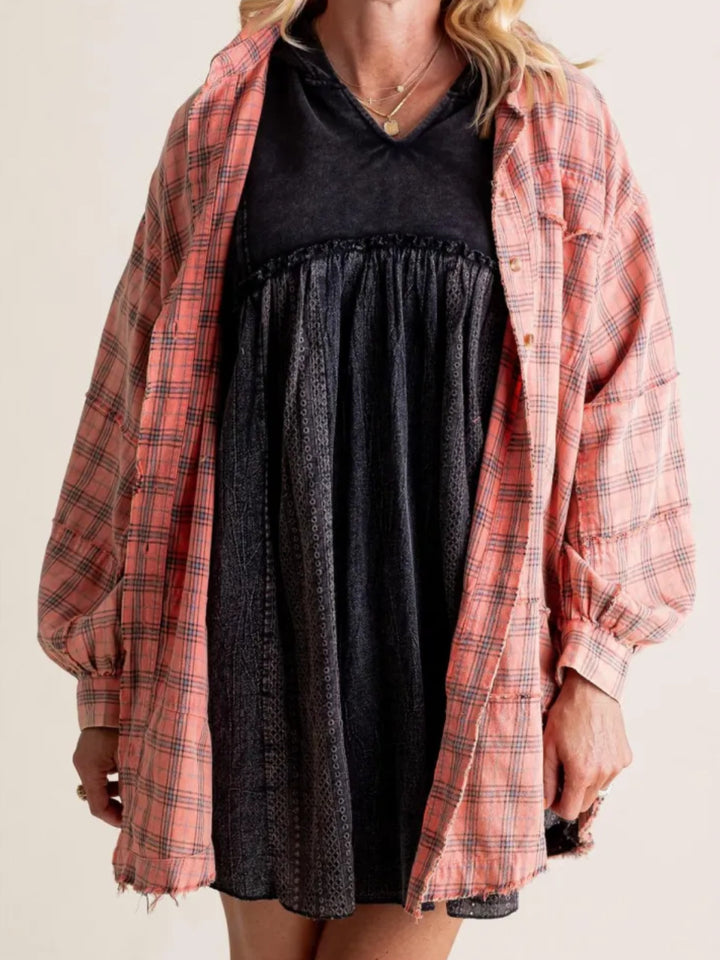 Damen nan oversized Karo-Überhemd mit Fransenbesatz, Brusttaschen und lockerer Passform Drune