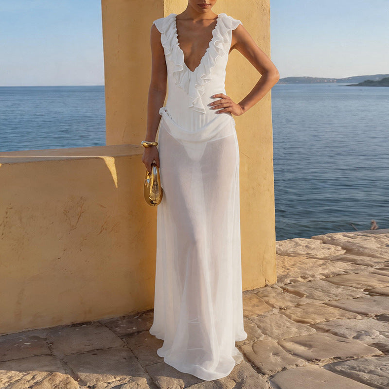 Damen Elegantes Strandkleid mit fransigen Details und tiefem V-Ausschnitt Drune