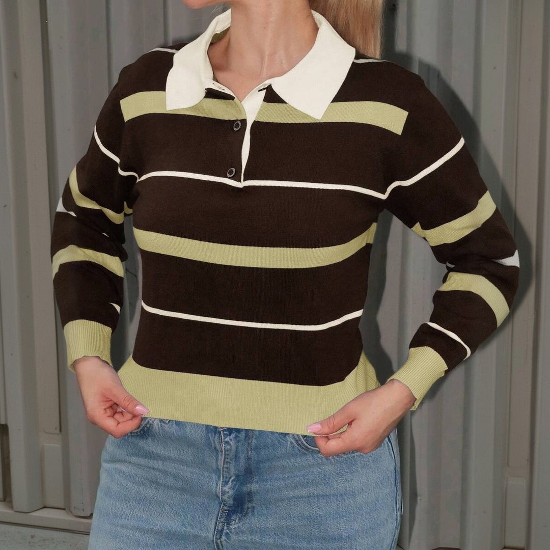 Damen Gestreifter Rugby-Pullover mit Polokragen und gerippten Abschlüssen Drune