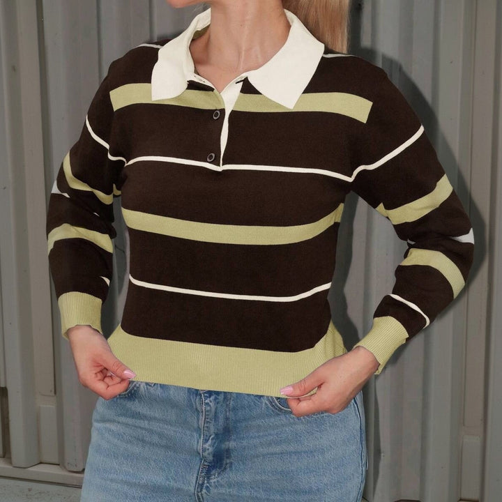 Damen Gestreifter Rugby-Pullover mit Polokragen und gerippten Abschlüssen Drune