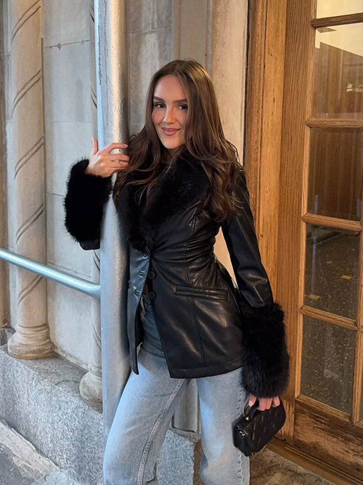 Damen Taillierter Lederimitat-Midimantel mit Wiener Nähten, voluminösem Faux‑Fur‑Schalkragen & Fellmanschetten Drune