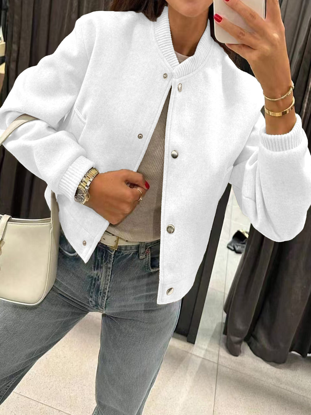 Damen Kurzjacke im Bomberstil aus Teddyfleece mit Rippbündchen Drune