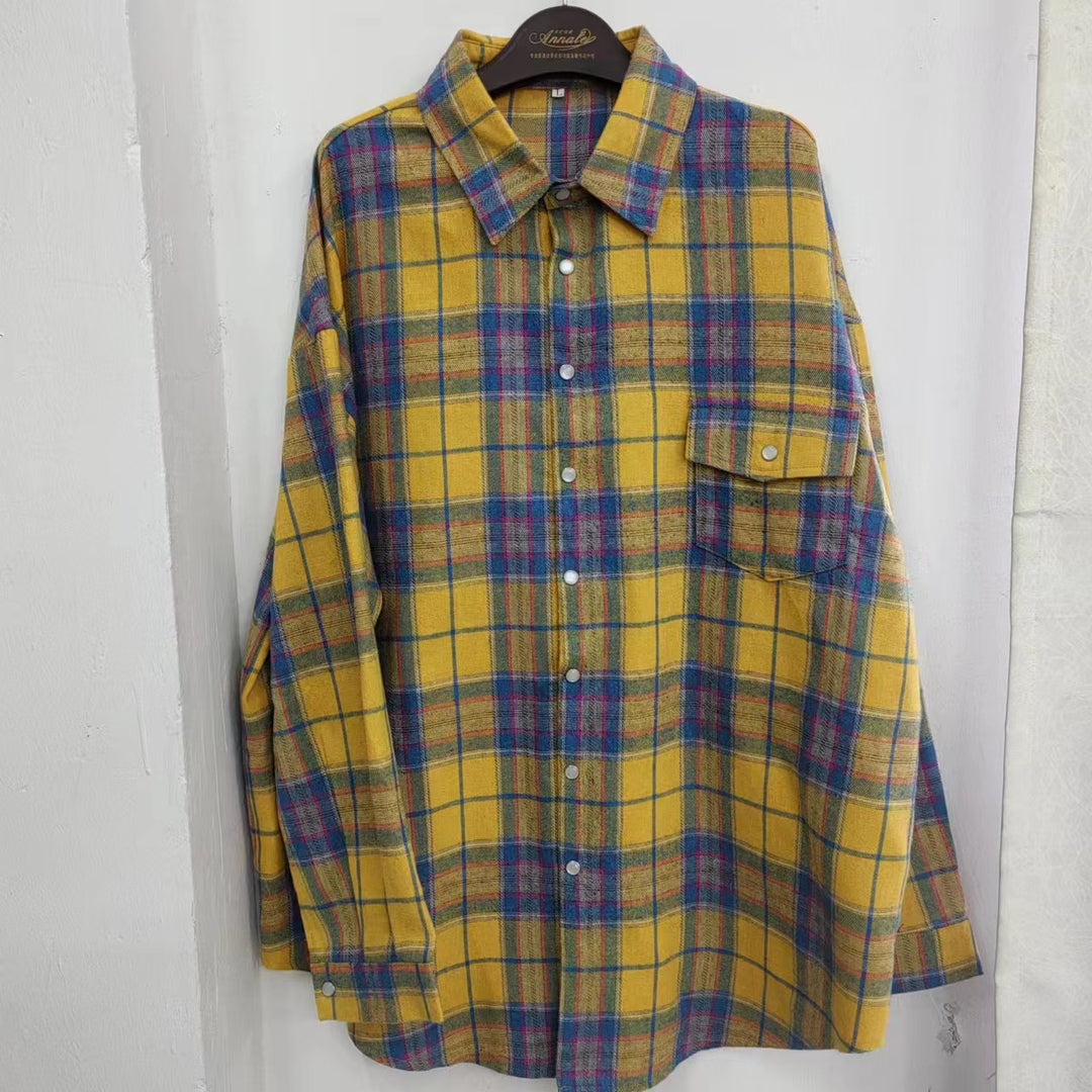 Damen Karo Oversize Flanellhemd Bluse mit Druckknopfblende und Hemdkragen Drune