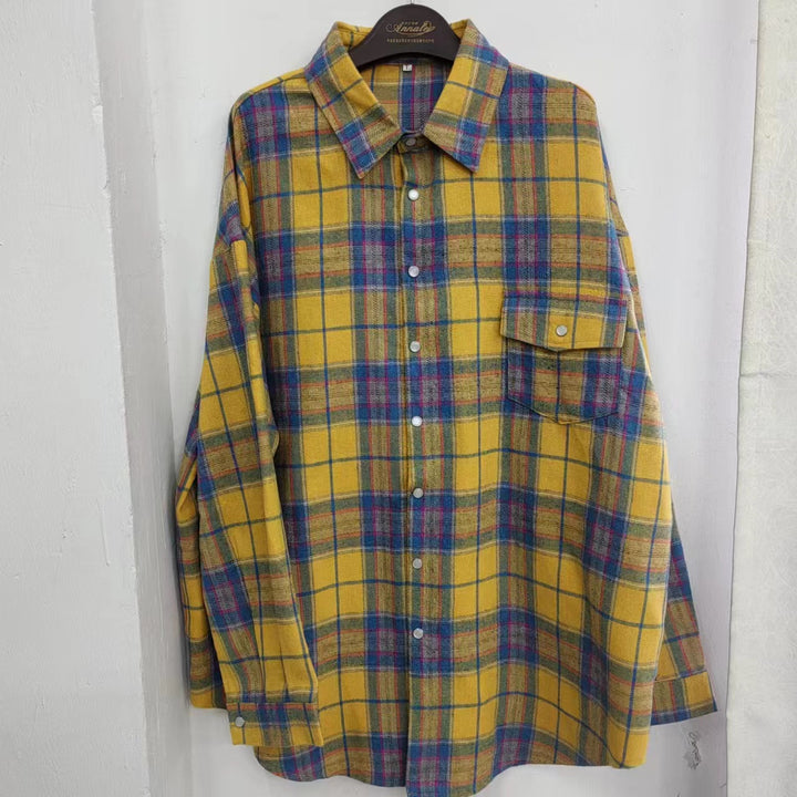 Damen Karo Oversize Flanellhemd Bluse mit Druckknopfblende und Hemdkragen Drune