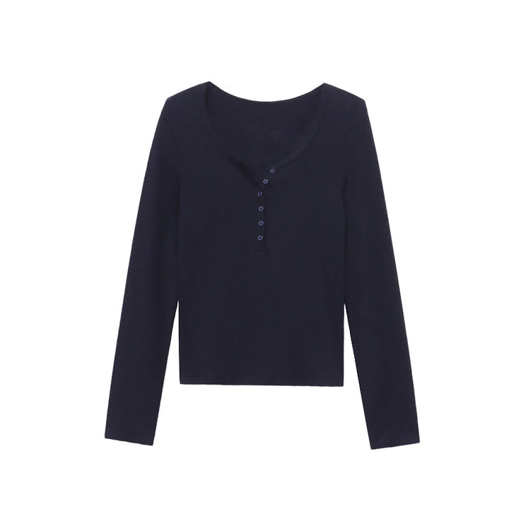 Damen Langarm Henley Shirt mit dekorativen Knopfdetails und feinem Rippenstrick Drune