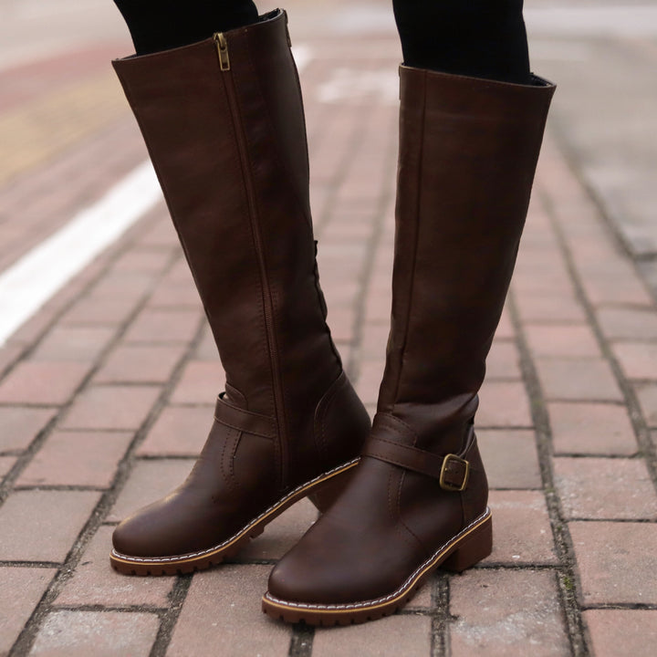 Damen Kniehohe Vintage-Bikerstiefel mit Blockabsatz und Zierspange Drune