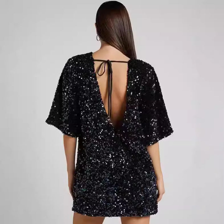 Damen Funkelndes Pailletten-Kleid mit lockeren Ärmeln und Rundhalsausschnitt Drune