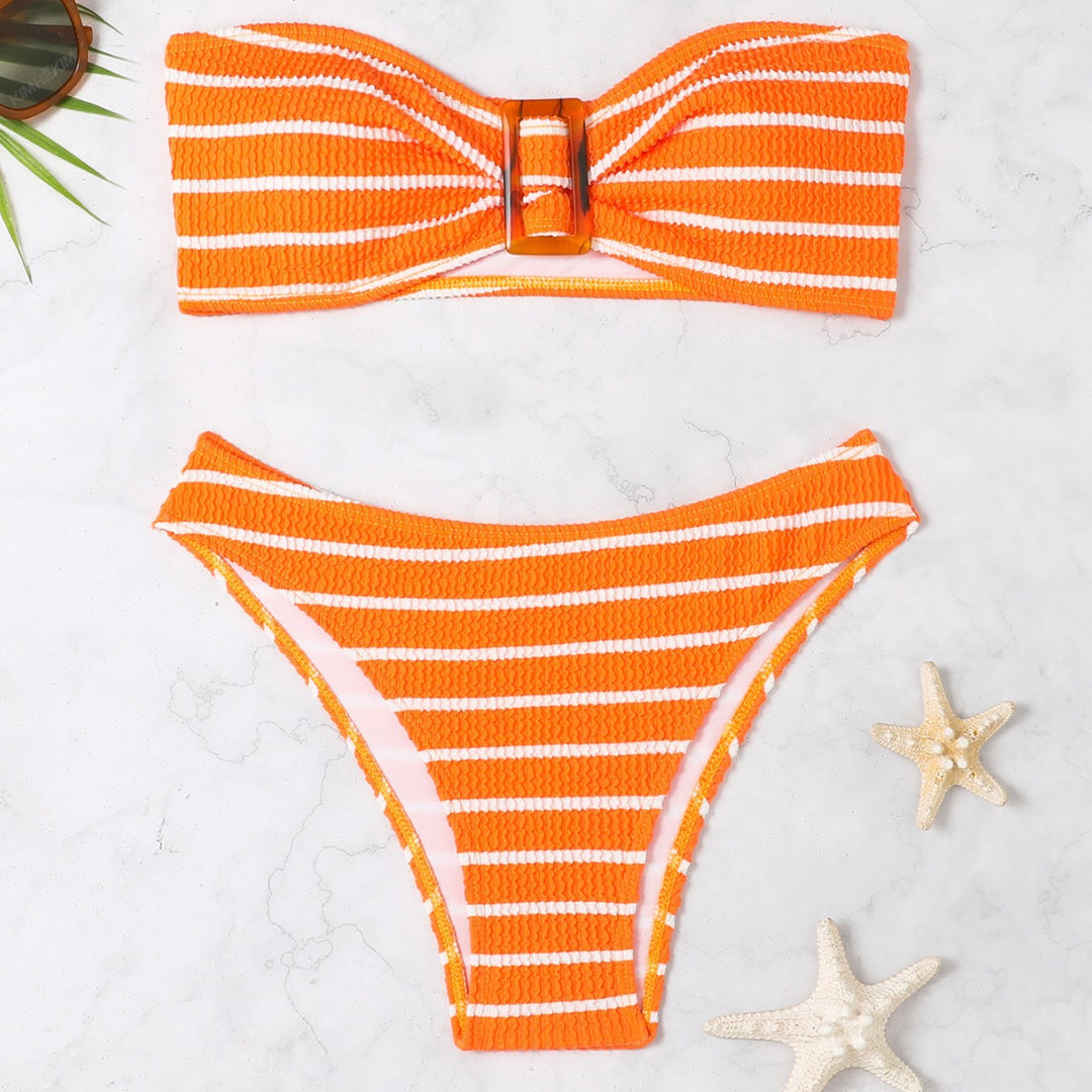 Damen Bandeau-Bikini mit modischem Streifenmuster und dekorativer Schnalle Drune