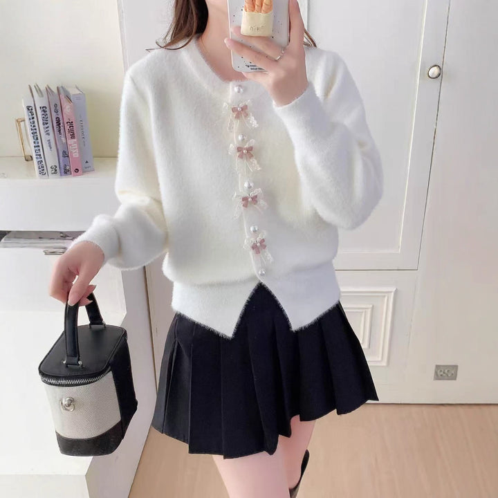 Damen Flauschige Strickjacke mit Perlen und Rüschendetails Drune