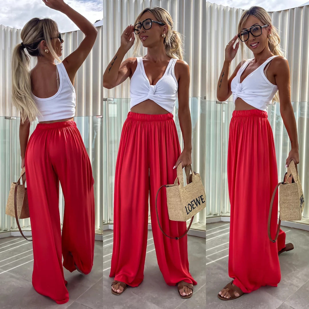 Damen weit geschnittene Palazzo-Hose mit hohem elastischem Bund und fließendem Jersey Drune