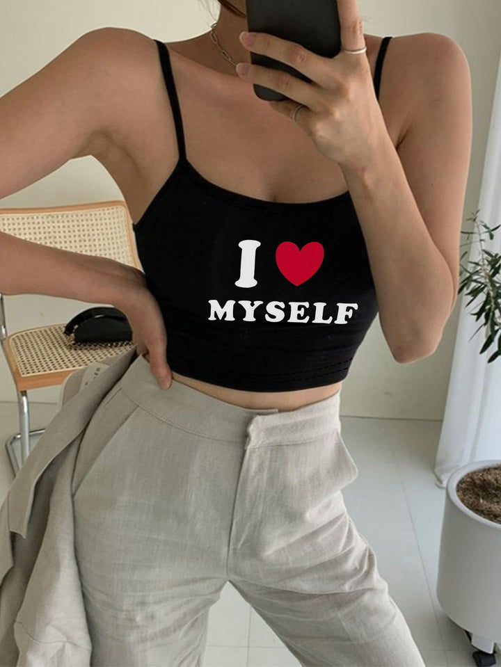 Damen Crop-Top mit motivierendem Statementdruck und feinen Spaghettiträgern Drune