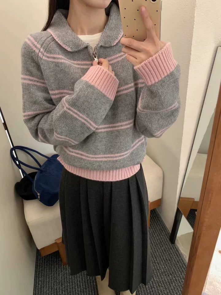 Damen Gemusterter Pullover mit Stehkragen und Kontrastdetails Drune