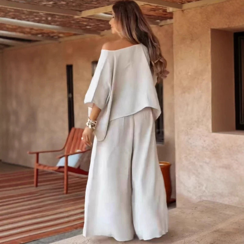 Damen Leichter Leinen-Zweiteiler mit Cropped Oversize-Top und Smokbund-Palazzohose Drune