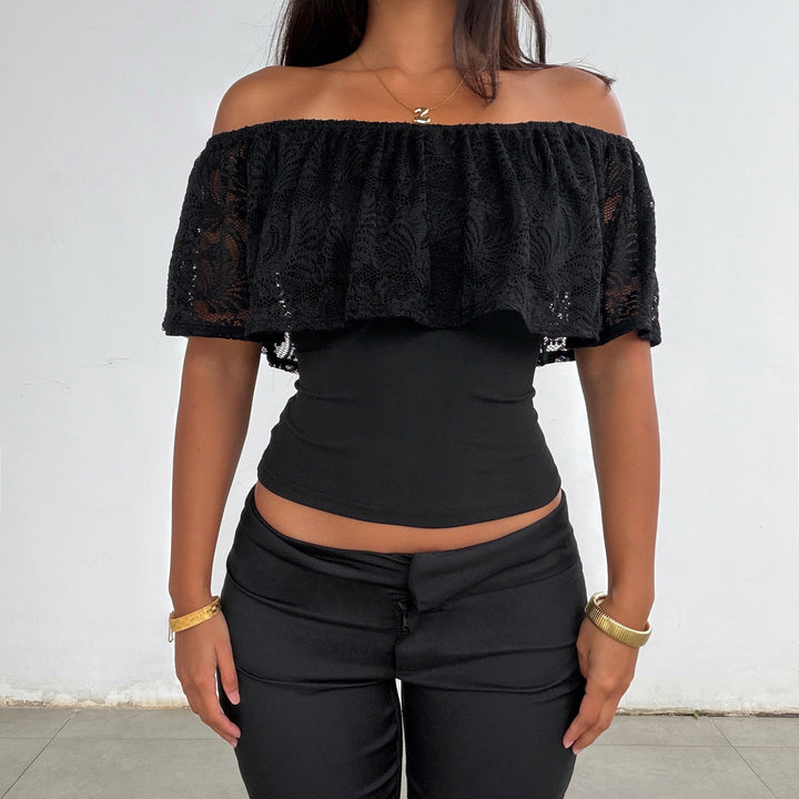 Damen Oberteil mit Spitzen-Overlay und schulterfreiem Design Drune
